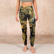 Buddha Stones Golden Dragon Print Gym Leggings Women's Yoga Pants