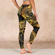 Buddha Stones Golden Dragon Print Gym Leggings Women's Yoga Pants