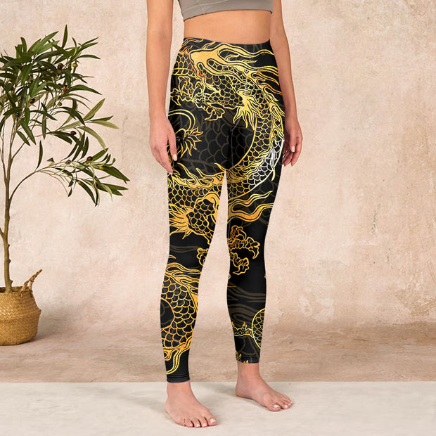 Buddha Stones Golden Dragon Print Gym Leggings Women's Yoga Pants