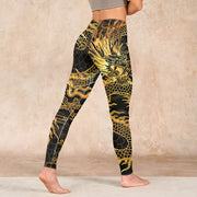 Buddha Stones Golden Dragon Print Gym Leggings Women's Yoga Pants Leggings BS 4