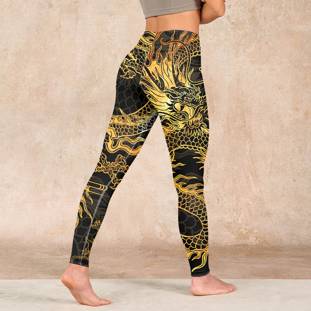 Buddha Stones Golden Dragon Print Gym Leggings Women's Yoga Pants