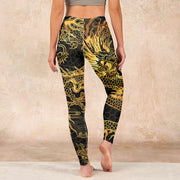 Buddha Stones Golden Dragon Print Gym Leggings Women's Yoga Pants Leggings BS 17