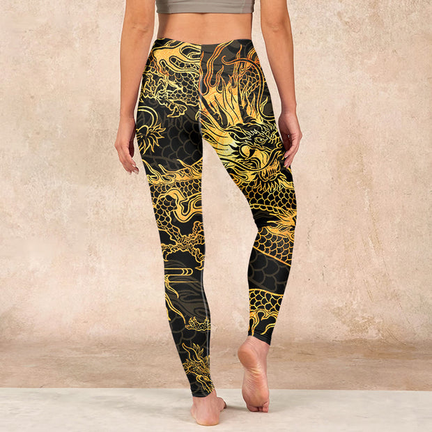 Buddha Stones Golden Dragon Print Gym Leggings Women's Yoga Pants