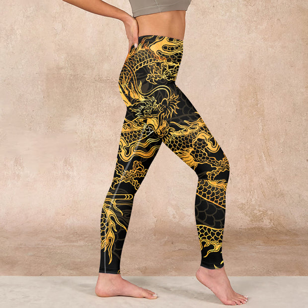 Buddha Stones Golden Dragon Print Gym Leggings Women's Yoga Pants