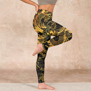 Buddha Stones Golden Dragon Print Gym Leggings Women's Yoga Pants