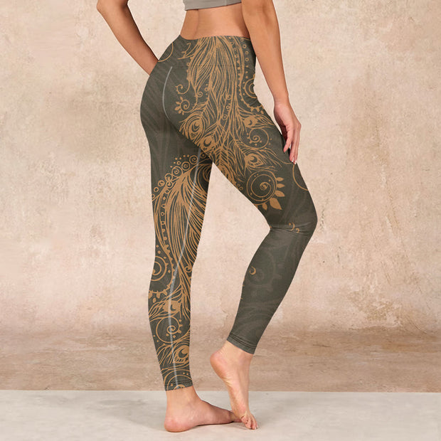 Buddha Stones Peacock Feather Print Gym Leggings Women's Yoga Pants