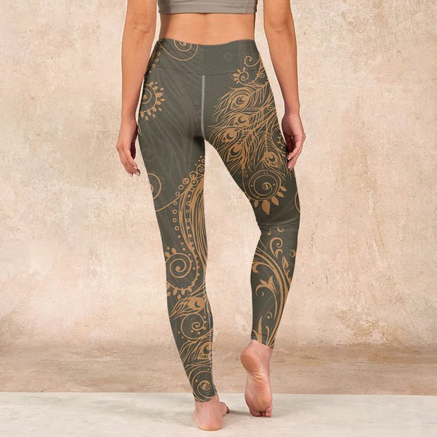 Buddha Stones Peacock Feather Print Gym Leggings Women's Yoga Pants