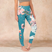 Buddha Stones Dragon Cherry Blossoms Print Gym Leggings Women's Yoga Pants Leggings BS CadetBlue US18，UK/AU22，EU50 (4XL)