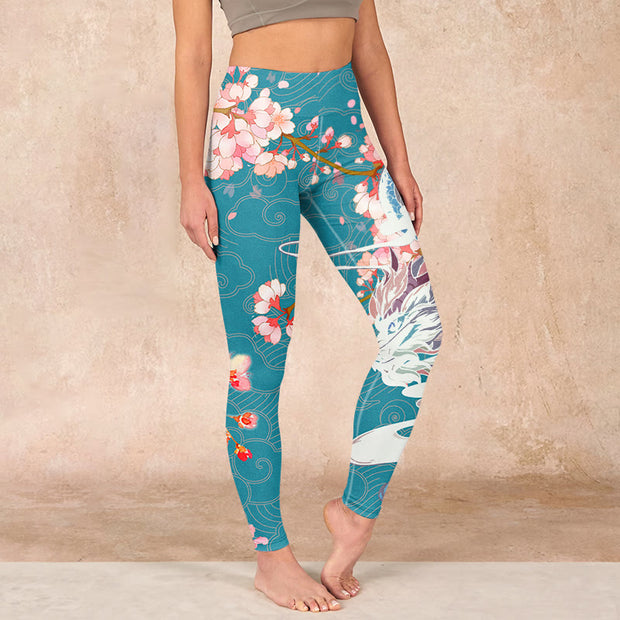 Buddha Stones Dragon Cherry Blossoms Print Gym Leggings Women's Yoga Pants - CadetBlue - US18，UK/AU22，EU50 (4XL) - image 1