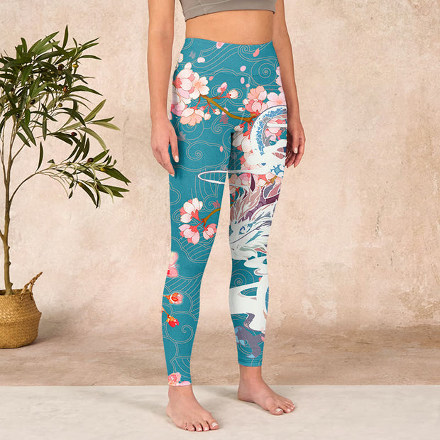 Buddha Stones Dragon Cherry Blossoms Print Gym Leggings Women's Yoga Pants