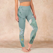 Buddha Stones Lotus Leaf Bird Print Gym Leggings Women's Yoga Pants - CadetBlue - US18，UK/AU22，EU50 (4XL) - image 1