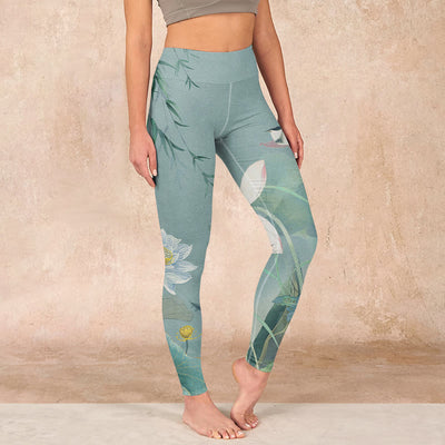 Buddha Stones Lotus Leaf Bird Print Gym Leggings Women's Yoga Pants - CadetBlue - US18，UK/AU22，EU50 (4XL) - image 1
