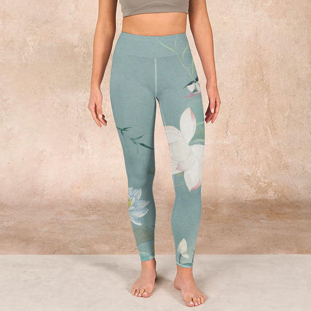 Buddha Stones Lotus Leaf Bird Print Gym Leggings Women's Yoga Pants