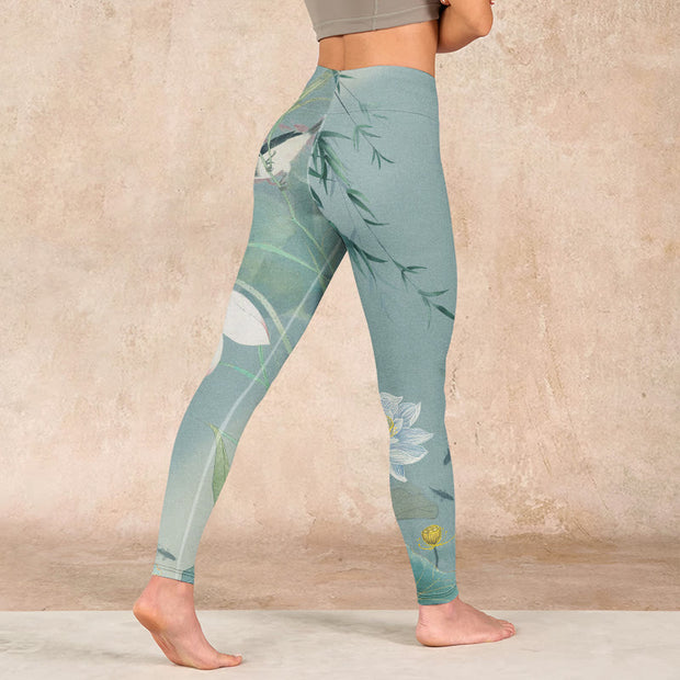 Buddha Stones Lotus Leaf Bird Print Gym Leggings Women's Yoga Pants Leggings BS 4