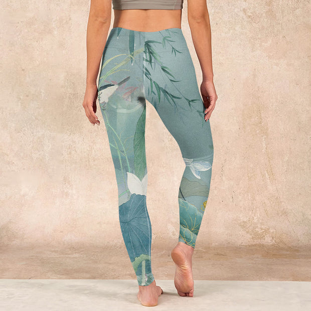 Buddha Stones Lotus Leaf Bird Print Gym Leggings Women's Yoga Pants