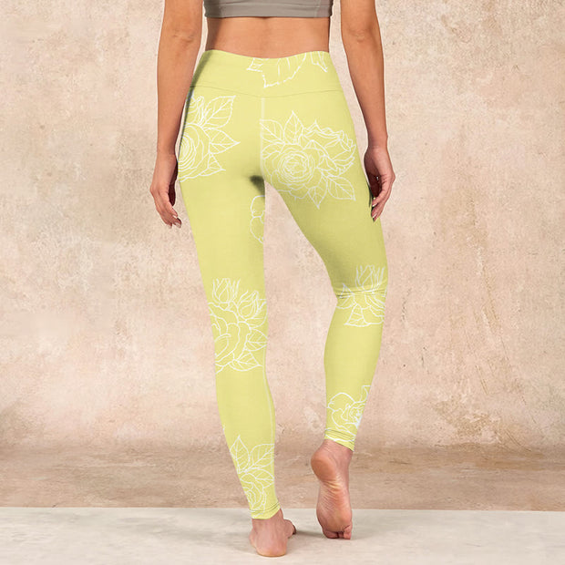 Buddha Stones Yellow Rose Print Fitness Leggings Women's Yoga Pants