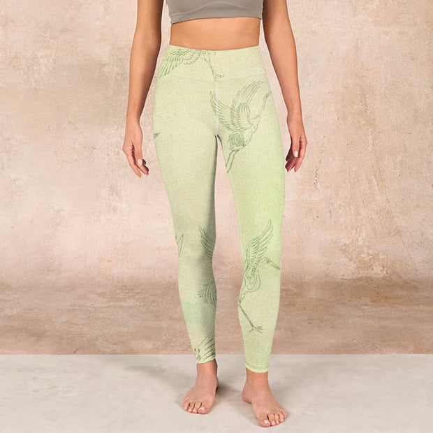 Buddha Stones Light Yellow Crane Print Sports Leggings Women's Yoga Pants - image 2