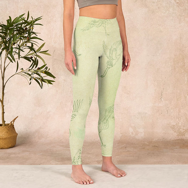 Buddha Stones Light Yellow Crane Print Sports Leggings Women's Yoga Pants Leggings BS 3