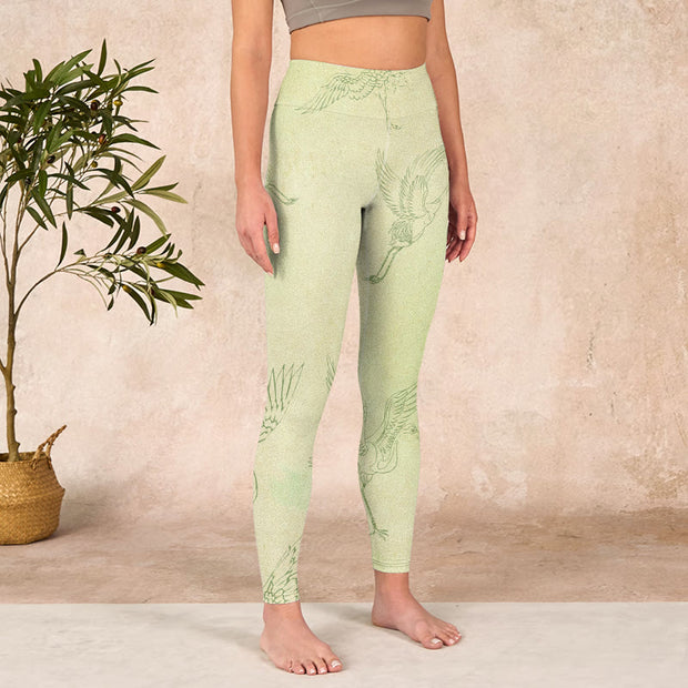 Buddha Stones Light Yellow Crane Print Sports Leggings Women's Yoga Pants - image 4