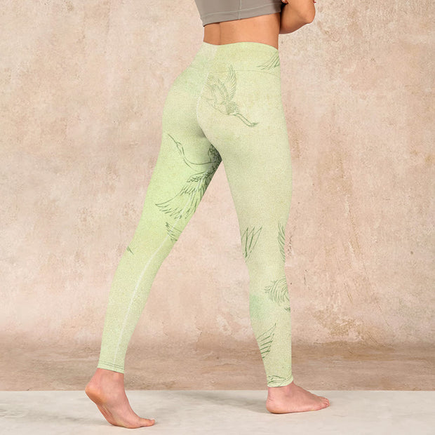 Buddha Stones Light Yellow Crane Print Sports Leggings Women's Yoga Pants