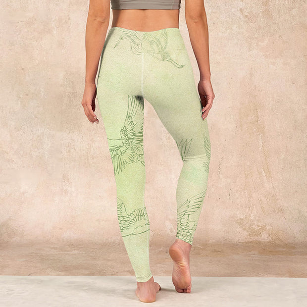 Buddha Stones Light Yellow Crane Print Sports Leggings Women's Yoga Pants