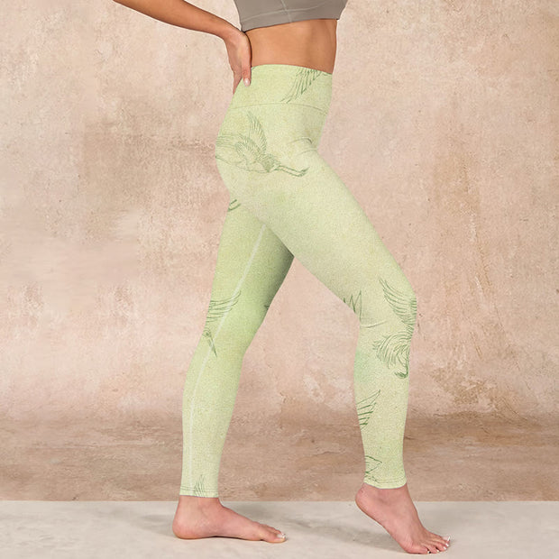 Buddha Stones Light Yellow Crane Print Sports Leggings Women's Yoga Pants - image 16