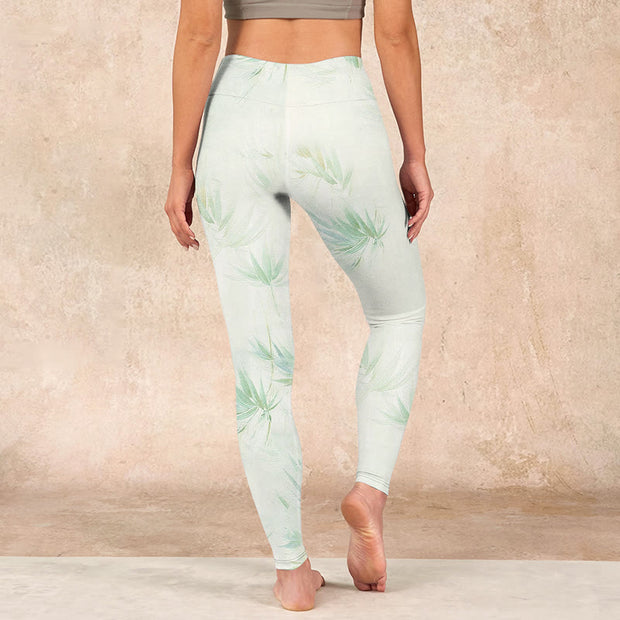 Buddha Stones Green Bamboo Leaves Print Sports Leggings Women's Yoga Pants Leggings BS 17