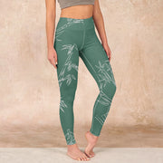 Buddha Stones Green White Bamboo Leaves Print Gym Leggings Women's Yoga Pants - DarkSeaGreen - US18，UK/AU22，EU50 (4XL) - image 1