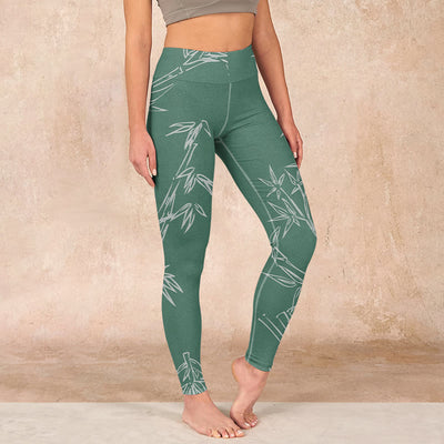 Buddha Stones Green White Bamboo Leaves Print Gym Leggings Women's Yoga Pants Leggings BS DarkSeaGreen US18，UK/AU22，EU50 (4XL)