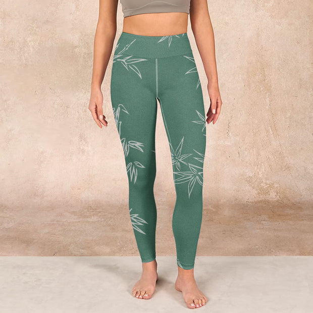 Buddha Stones Green White Bamboo Leaves Print Gym Leggings Women's Yoga Pants Leggings BS 1