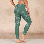 Buddha Stones Green White Bamboo Leaves Print Gym Leggings Women's Yoga Pants