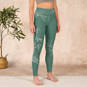 Buddha Stones Green White Bamboo Leaves Print Gym Leggings Women's Yoga Pants