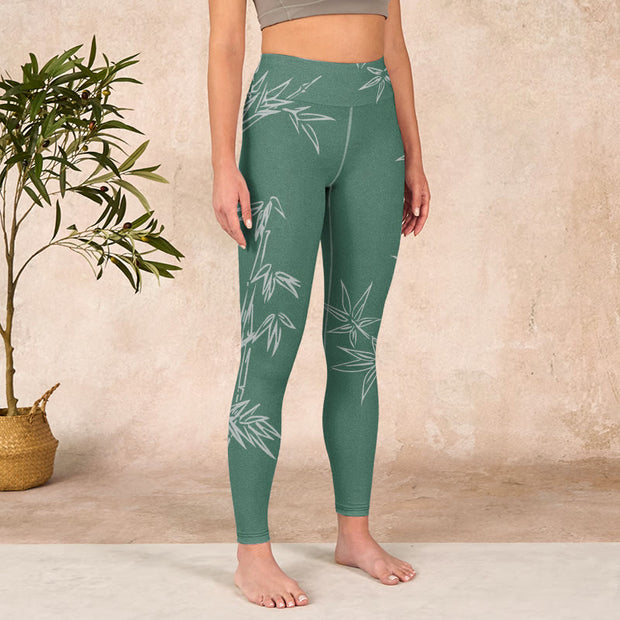 Buddha Stones Green White Bamboo Leaves Print Gym Leggings Women's Yoga Pants Leggings BS 3