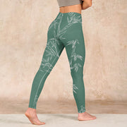 Buddha Stones Green White Bamboo Leaves Print Gym Leggings Women's Yoga Pants