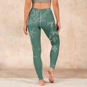 Buddha Stones Green White Bamboo Leaves Print Gym Leggings Women's Yoga Pants