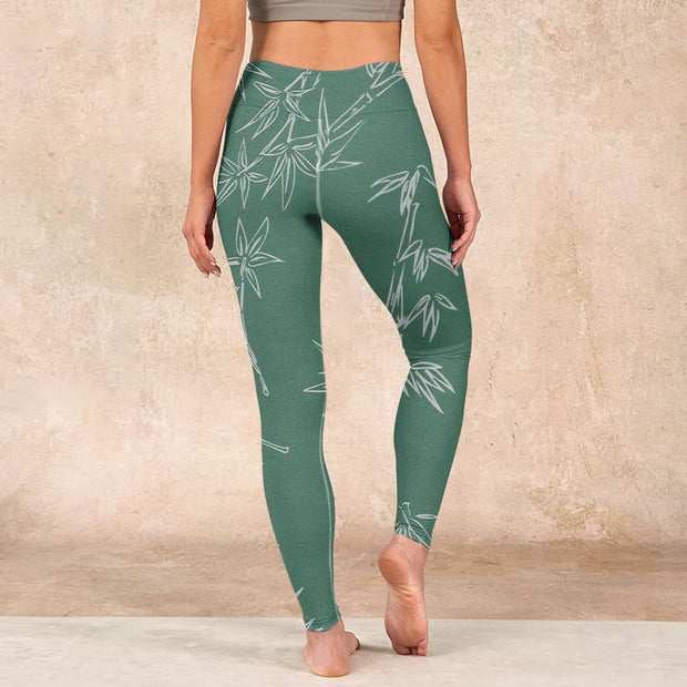 Buddha Stones Green White Bamboo Leaves Print Gym Leggings Women's Yoga Pants Leggings BS 15