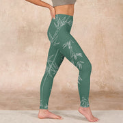Buddha Stones Green White Bamboo Leaves Print Gym Leggings Women's Yoga Pants - image 17