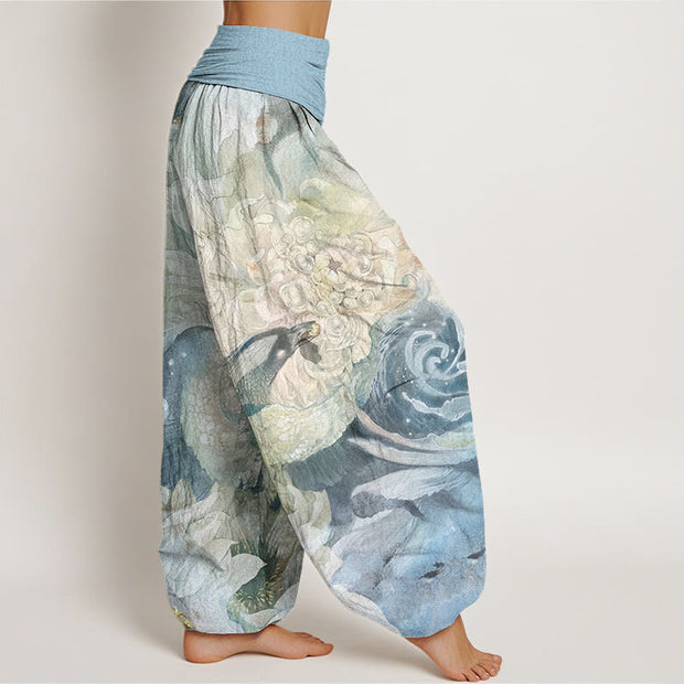 Buddha Stones Phoenix Lotus Pattern Women's Elastic Waist Harem Pants