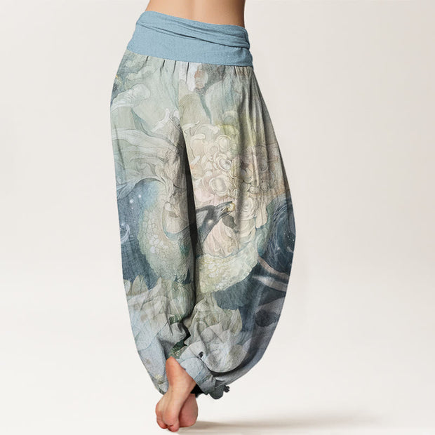 Buddha Stones Phoenix Lotus Pattern Women's Elastic Waist Harem Pants