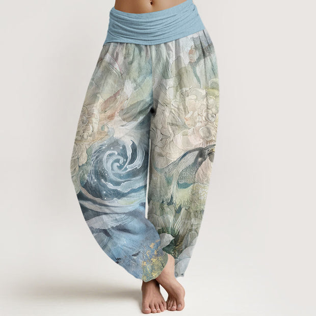 Buddha Stones Phoenix Lotus Pattern Women's Elastic Waist Harem Pants