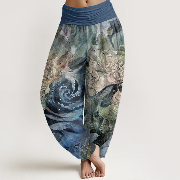 Buddha Stones Phoenix Lotus Pattern Women's Elastic Waist Harem Pants