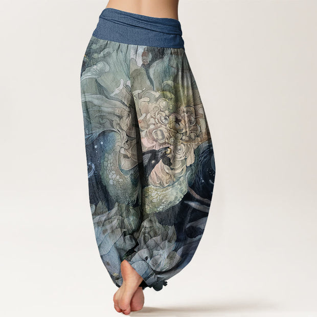 Buddha Stones Phoenix Lotus Pattern Women's Elastic Waist Harem Pants