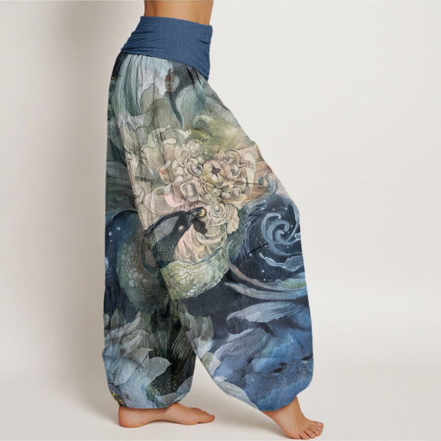 Buddha Stones Phoenix Lotus Pattern Women's Elastic Waist Harem Pants