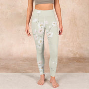 Buddha Stones Beige Plum Blossoms Print Gym Leggings Women's Yoga Pants