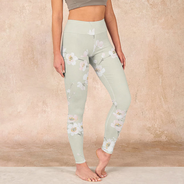 Buddha Stones Beige Plum Blossoms Print Gym Leggings Women's Yoga Pants - image 3
