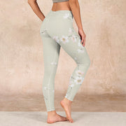 Buddha Stones Beige Plum Blossoms Print Gym Leggings Women's Yoga Pants Leggings BS 1