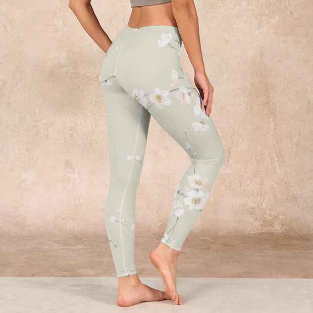 Buddha Stones Beige Plum Blossoms Print Gym Leggings Women's Yoga Pants - image 2