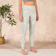 Buddha Stones Beige Plum Blossoms Print Gym Leggings Women's Yoga Pants