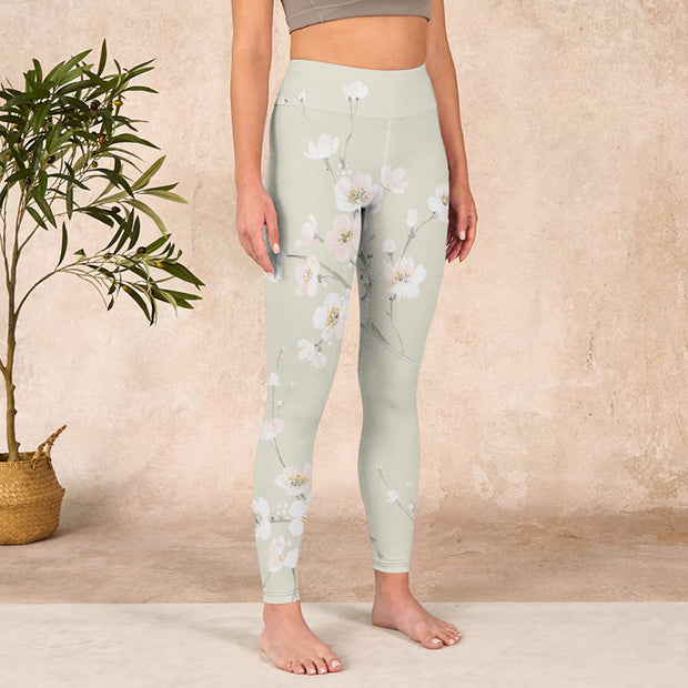 Buddha Stones Beige Plum Blossoms Print Gym Leggings Women's Yoga Pants Leggings BS 3