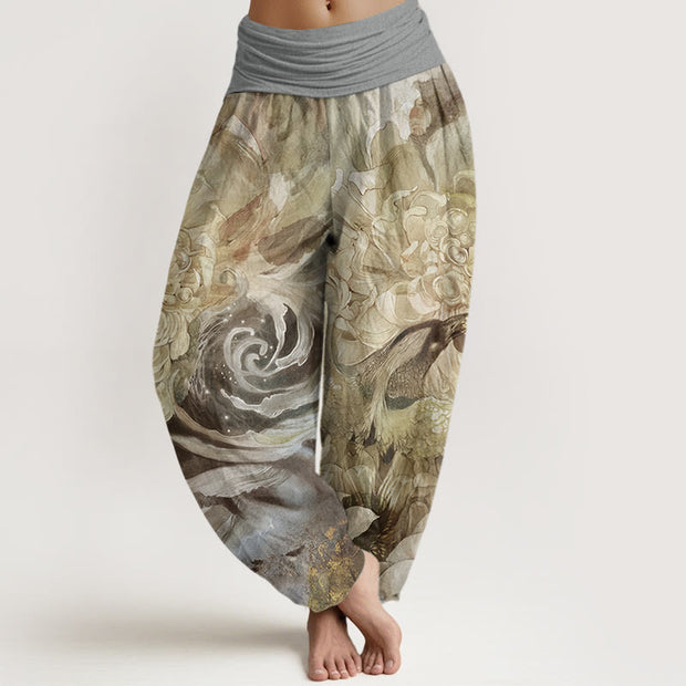 Buddha Stones Phoenix Lotus Pattern Women's Elastic Waist Harem Pants